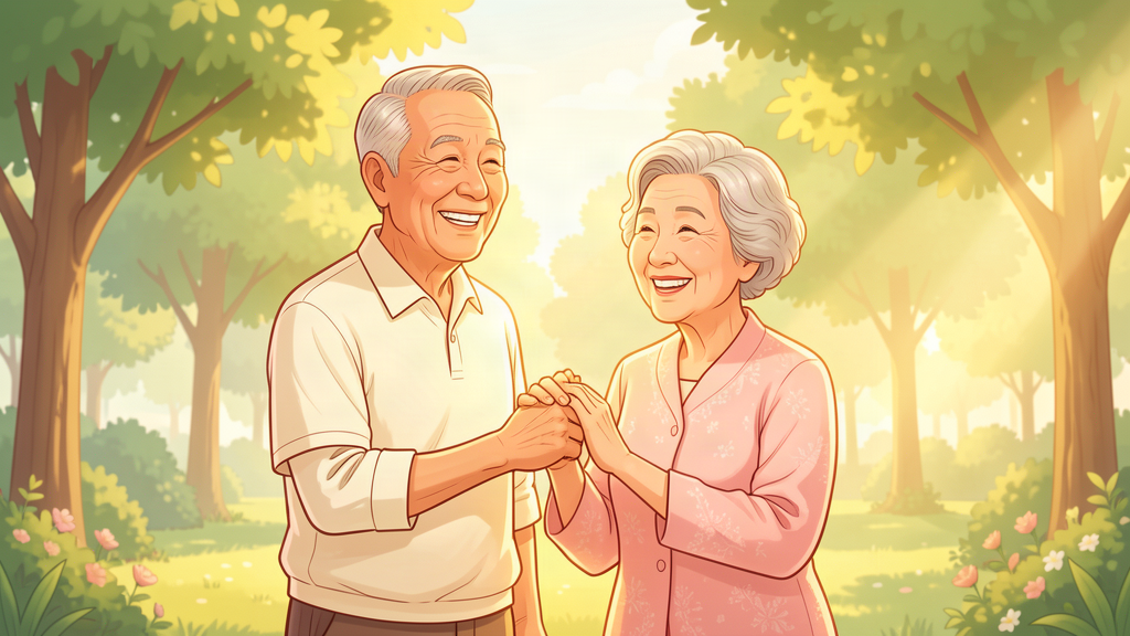 樂觀幸福的長輩夫妻在陽光下漫步